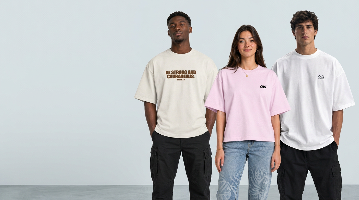 Three models wearing Over Jesus T-shirts